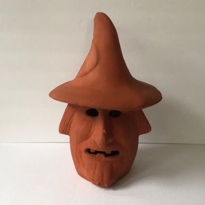 Ceramic/clay witch face pumpkin with hat